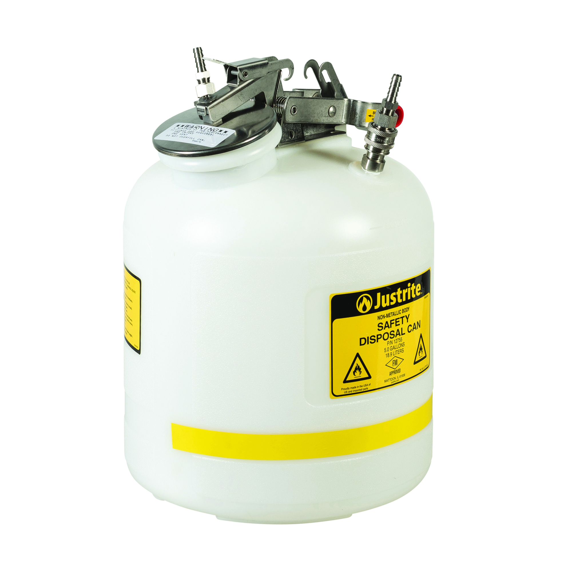 Justrite Polyethylene Quick-Disconnect Disposal Safety Can — 5 Gallons, Stainless Steel Fittings for 3/8in. Tubing, White, Model# TF12755